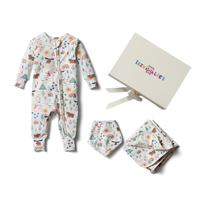Downeast Daydreams print organic cotton welcome home baby gift set with sleeper, blanket, and bib