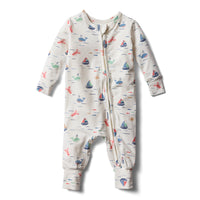 Casco Bay coastal print organic cotton baby sleeper with hidden rainbow