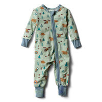 Little Pines woodland print organic cotton baby sleeper with hidden rainbow