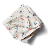 Casco Bay coastal print organic cotton baby blanket with hidden rainbow