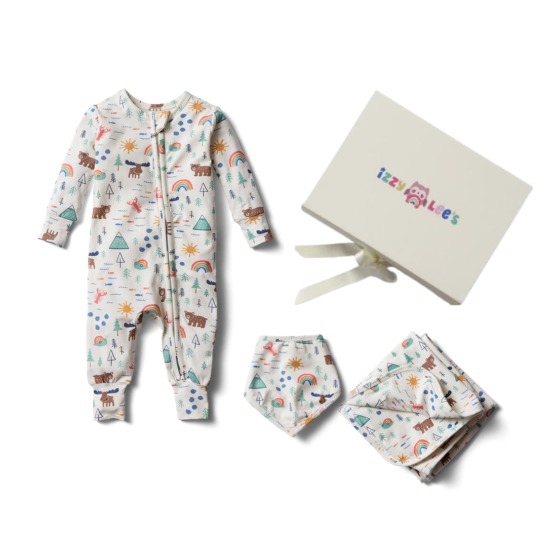 Downeast Daydreams print organic cotton welcome home baby gift set with sleeper, blanket, and bib